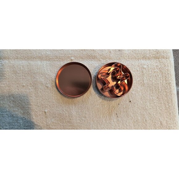 Copper Colored Cookie Cutter Set With Lid 4 Gingerbread Shapes and an Angel - Picture 1 of 6